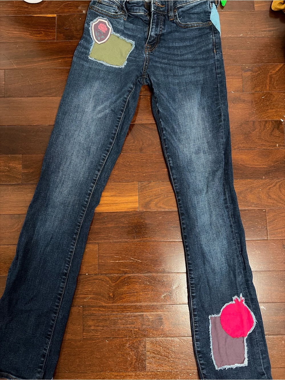Aeropostale Dark Wash Bootcut Jeans with Pink & Olive Patch Accents